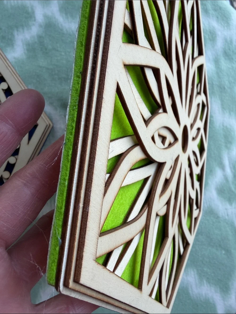 2 pieces Hexagon Laser-Cut Wood Wall Plaques with Blue and Green acoustic Inlays